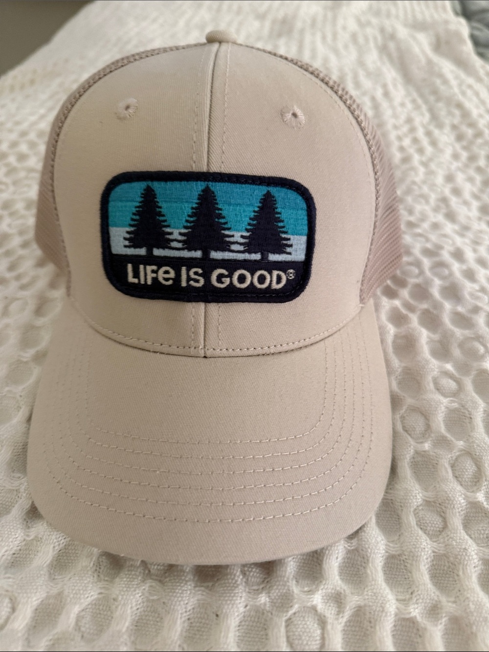 Life Is Good Tan Trucker Hat with Blue Patch